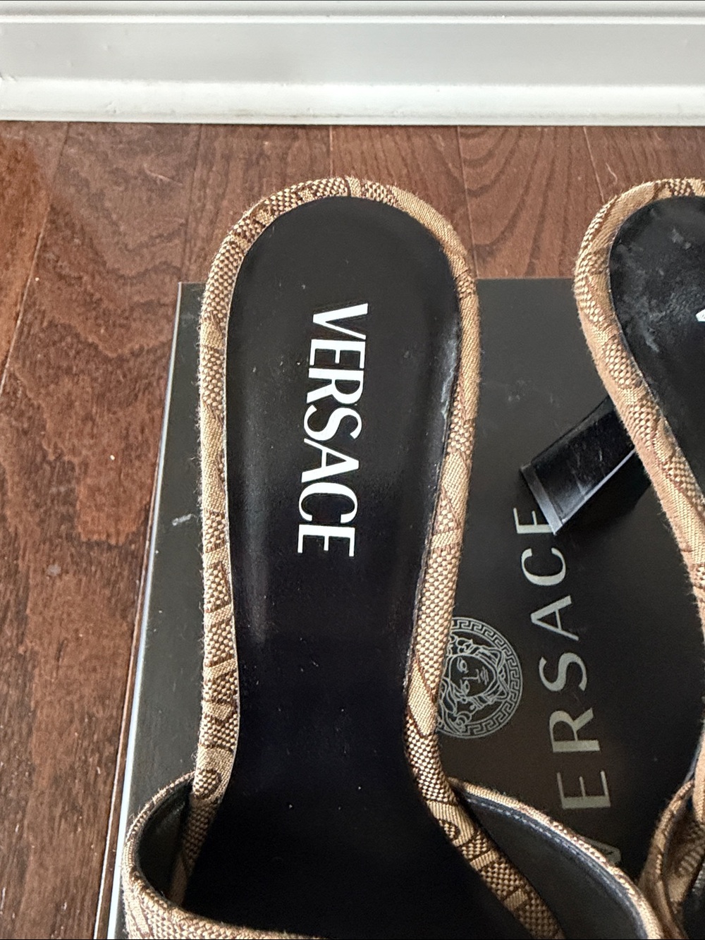 Versace Beige Logo Jacquard Slide Heels with Gold Accents - Picture 7 of 8